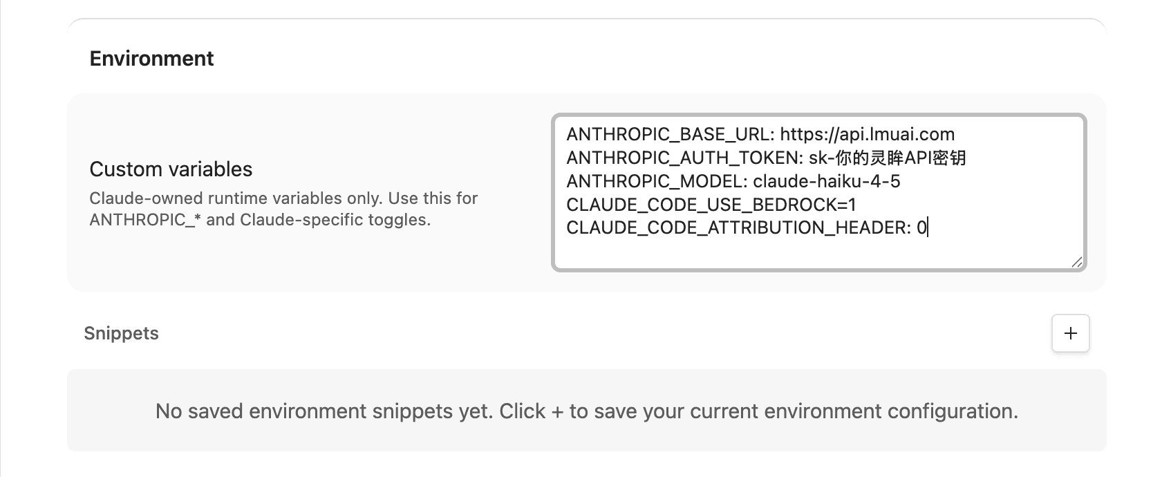 Claudian 设置 Environment 区域的 Custom variables 填写环境变量