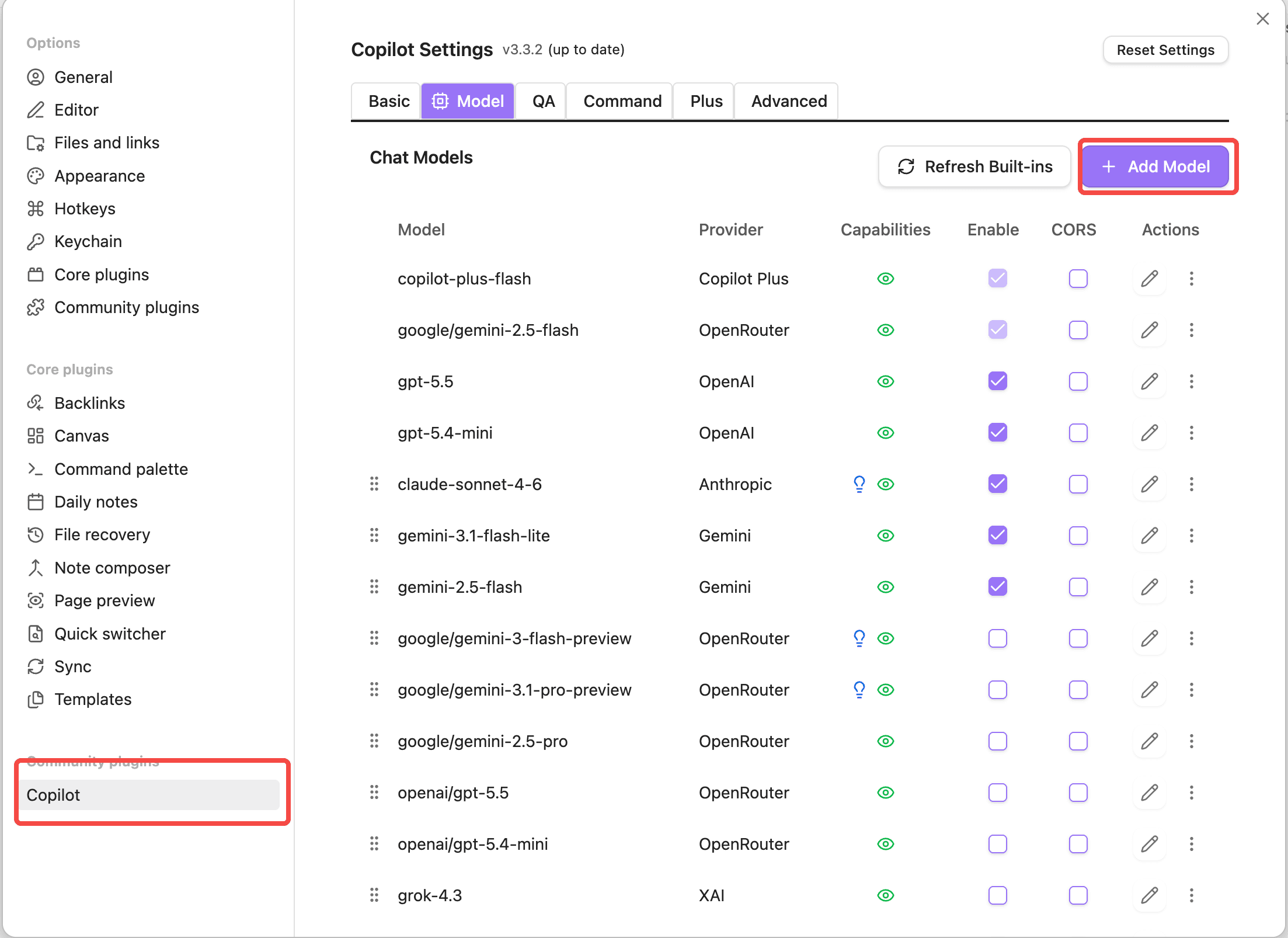 Copilot 设置 Model 标签页点击 Add Model