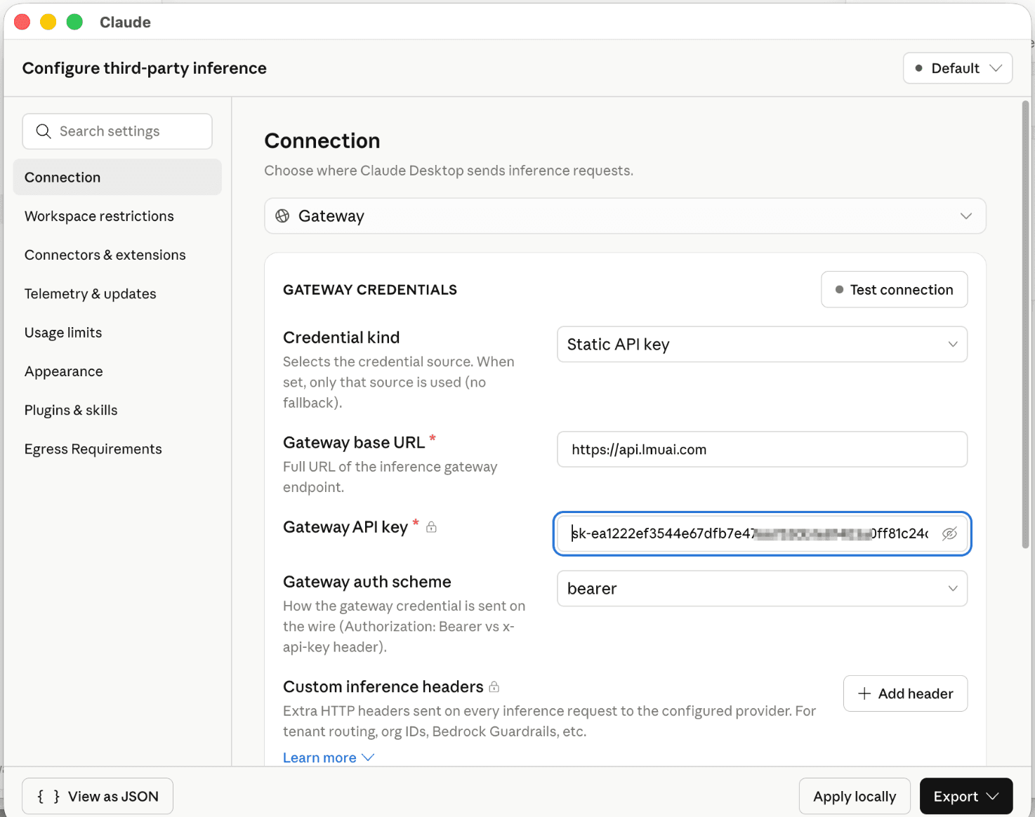 Claude Code 桌面版 Configure third-party inference 面板填写灵眸 Gateway base URL 与 API key