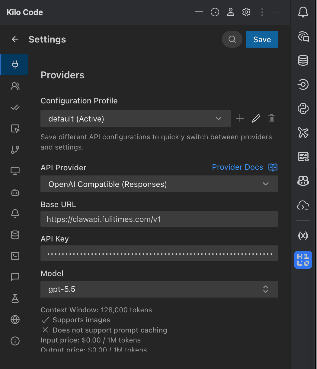 Kilo Code 选择 OpenAI Compatible (Responses) 提供商，Base URL 为 https://clawapi.fulitimes.com/v1，模型设置为 gpt-5.5