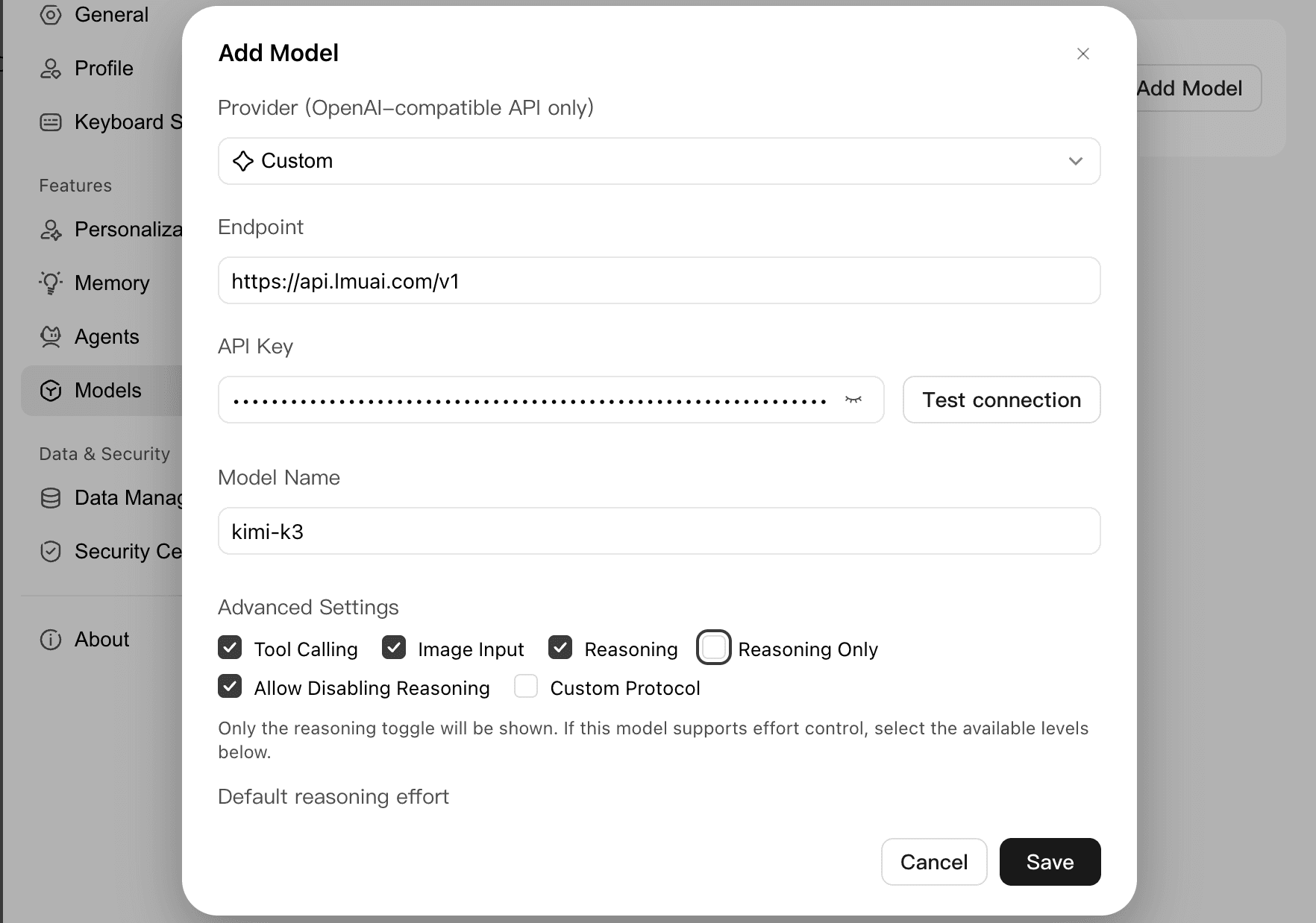 Der ausgefüllte WorkBuddy-Dialog „Modell hinzufügen": Anbieter auf Benutzerdefiniert gesetzt, Endpunkt endet bei https://api.lmuai.com/v1