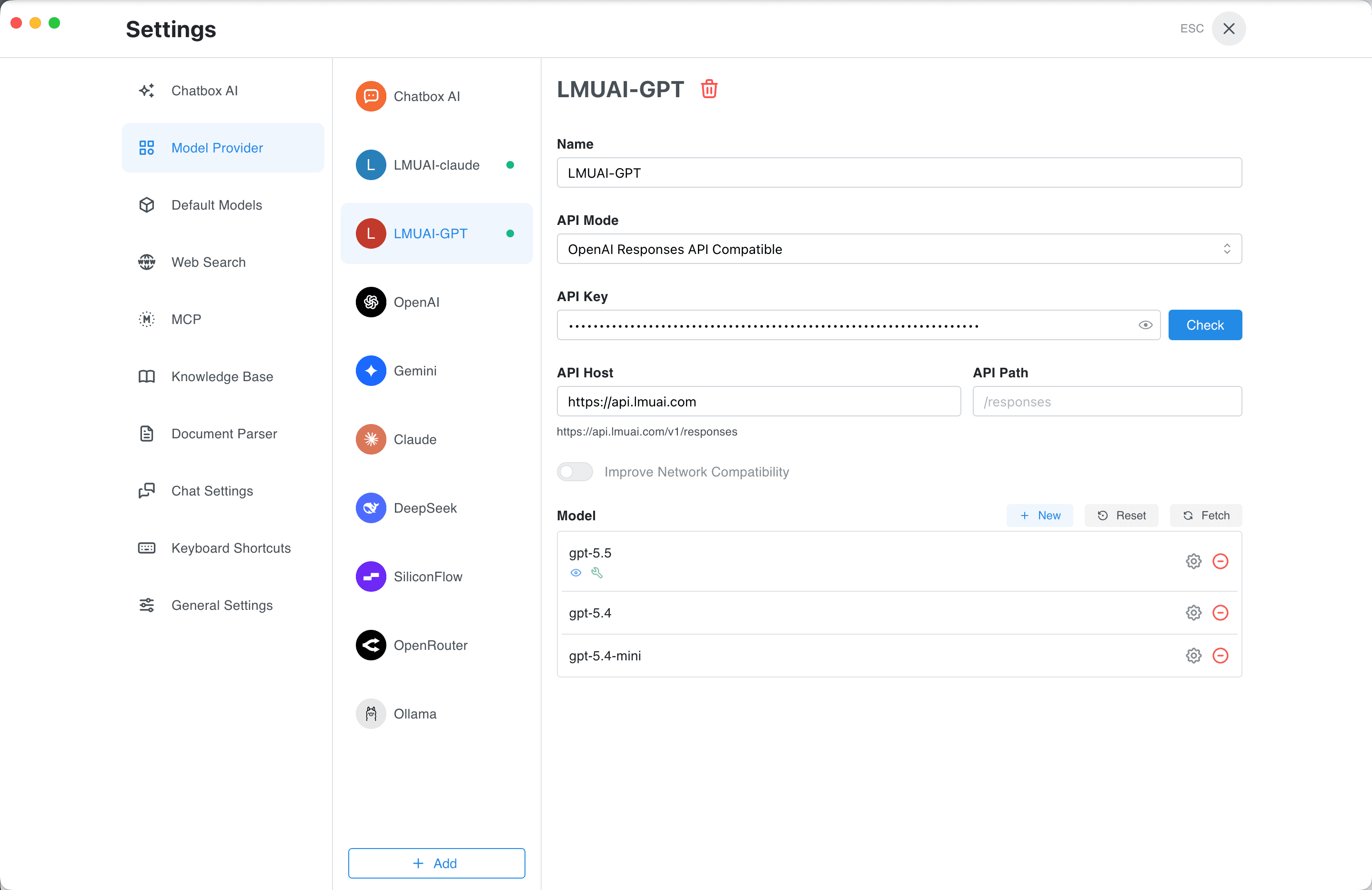 Chatbox 桌面版配置 GPT 提供方示例